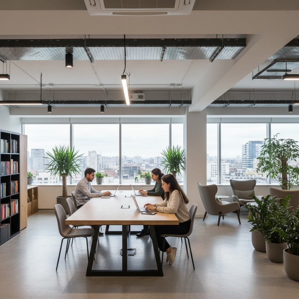 Três pessoas trabalham em laptops em uma mesa de madeira em um escritório moderno com vista para a cidade.